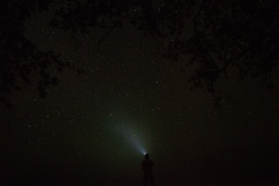 一个人在夜间用手电筒指着天空的剪影